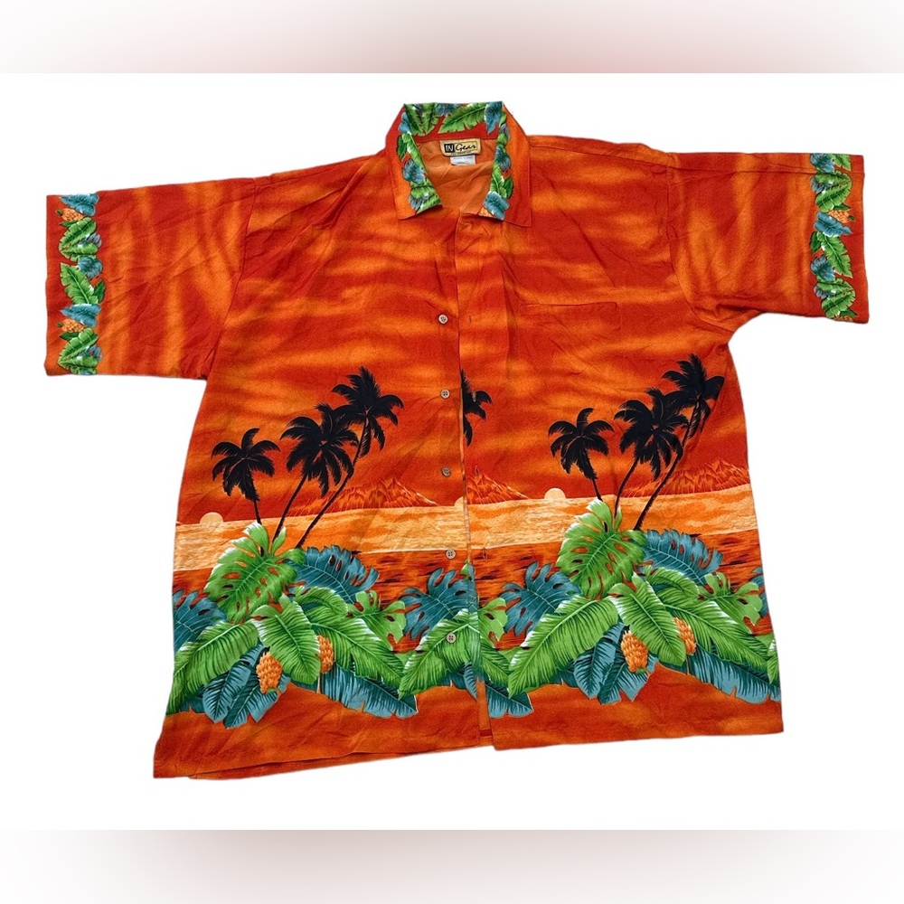 Ingear Men’s Orange Green Hawaiian Palm Tree Beach Casual Shirt XXL Vintage